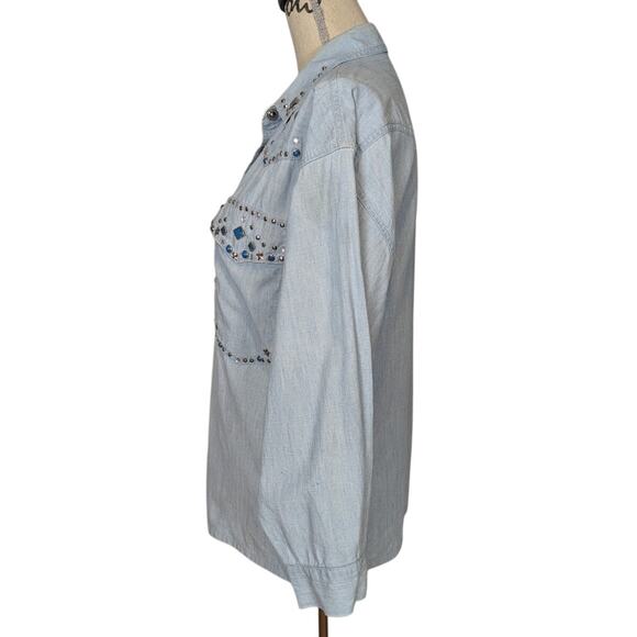 90s Vintage Embellished Denim Snap Button Up Shirt Light Wash Size Small - Picture 5 of 16